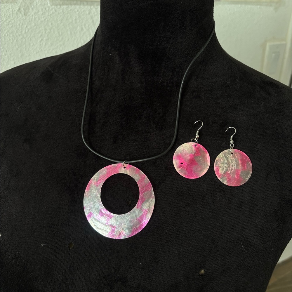 Handcrafted Pink and Silver Circular Pendant Necklace & Earrings Set